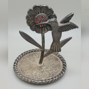 Regent Square Ring Holder Hummingbird Flower Red Crystals Trinket Tray Vintage